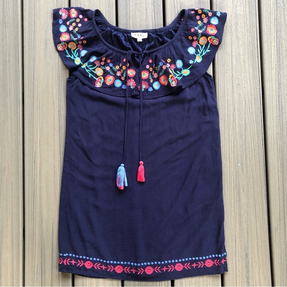 THML Navy Dress with Colorful Floral Embroidery & Tassels Size XS
